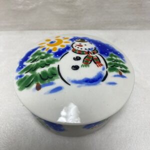 Round Ceramic Trinket Box Snowman Christmas Trees Winter Scene Lid